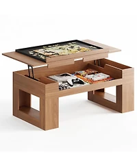 Sugift Lift Top Coffee Table with Puzzle Tray, Modern Wood Center Table with Hidden Storage and Charging Station for Living Room