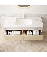 Sillysis 48 Inch Wall Mounted Bathroom Vanity with Sintered Stone Top, Double Soft Close Drawers, Ceramic Sink, Led Shelf for Modern Spaces