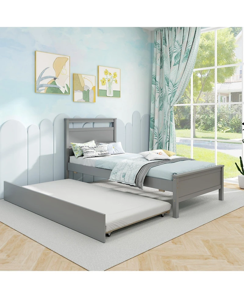 Gouun Twin Wooden Bed Frame with Trundle for Teens and Adults