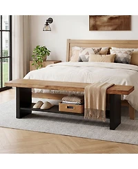 Slickblue 55" Wooden Entryway Bench with Open Shoe Storage Shelves