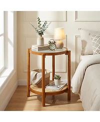 Gymax 2-Tier Round Side Table w/Tempered Glass Top Storage Shelf Acacia Wood Legs