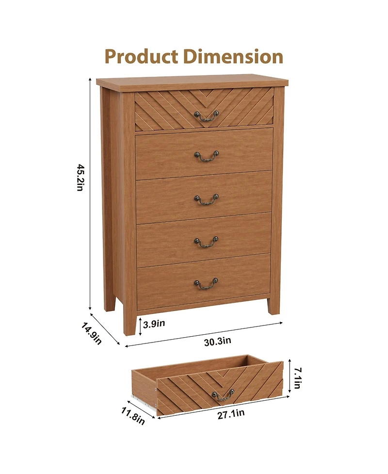 homfan 5 Drawer Dresser with Wide Top and Anti Tip Kit, Tall Storage Chest for Bedroom, Nursery, Living Room, Entryway