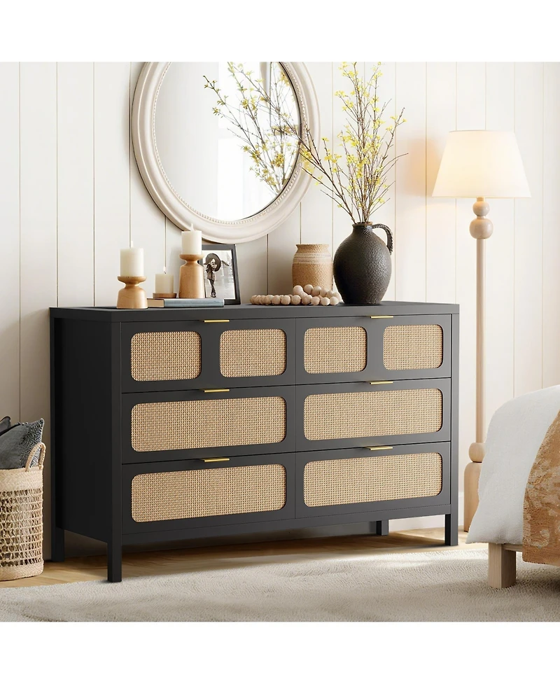 homfan 6 Drawer Rattan Dresser with Metal Handles for Bedroom, Living Room, Hallway, Entryway