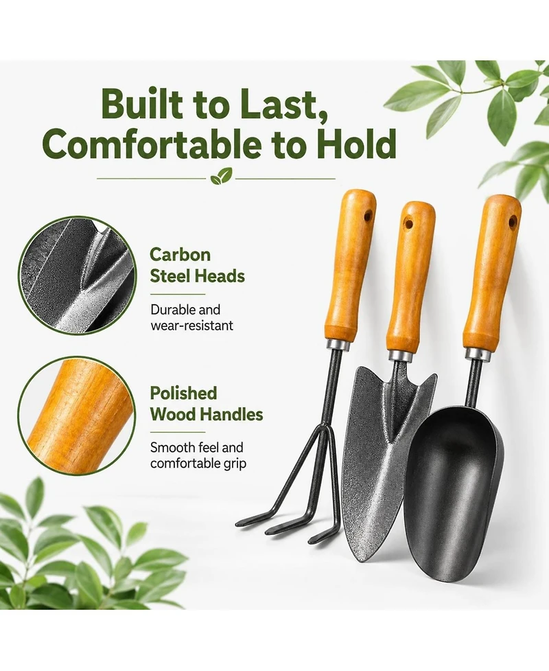 Xdovet 3-in-1 Garden Hand Tools Set Carbon Steel Wooden Handle Trowel Transplanter Cultivator Gifts