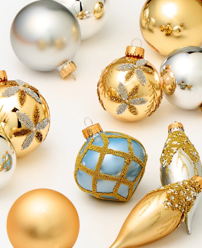 Holiday Lane Opulence Glass Gold-Tone, Silver-Tone & Blue Mixed Ornaments, Set of 12, Macy's Exclusive