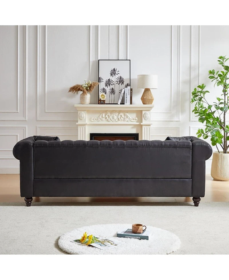 Maison Boucle 85.5'' Wide Chesterfield Sofa, Polyester 3 Seater Couch, 2 Pillows