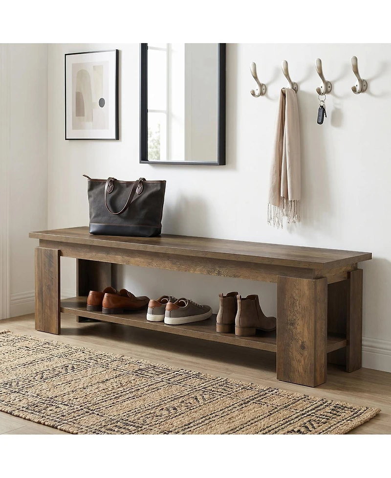 Tribesigns 63 Inch Entryway Bench With Storage Shelf, Farmhouse Wooden Shoe Bench For Hallway, Mudroom, Bedroom