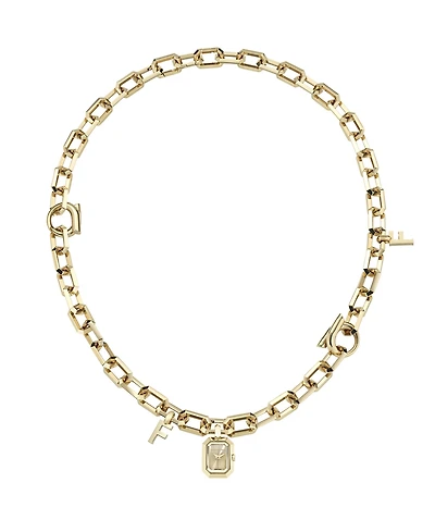 Ferragamo Men's Charm Necklace Ip Yellow Gold Stainless Steel Watch 16.6mm