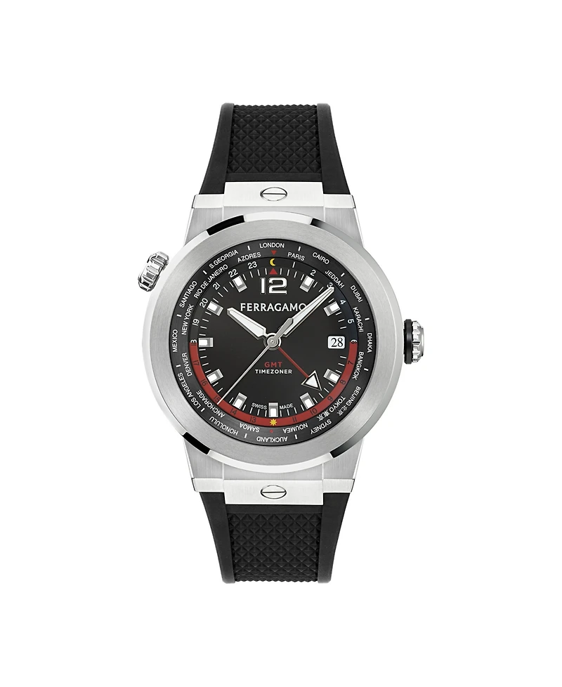 Ferragamo Men's F-80 Gmt Worldtime Black Stainless Steel Bracelet Watch 43mm