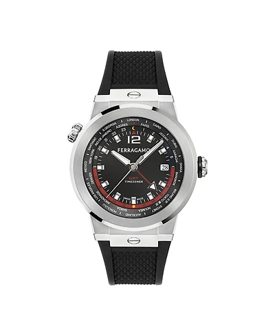 Ferragamo Men's F-80 Gmt Worldtime Black Stainless Steel Bracelet Watch 43mm