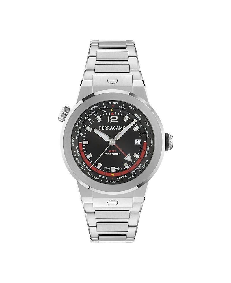 Ferragamo Men's F-80 Gmt Worldtime Silver Stainless Steel Bracelet Watch 43mm