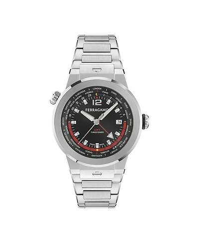 Ferragamo Men's F-80 Gmt Worldtime Silver Stainless Steel Bracelet Watch 43mm