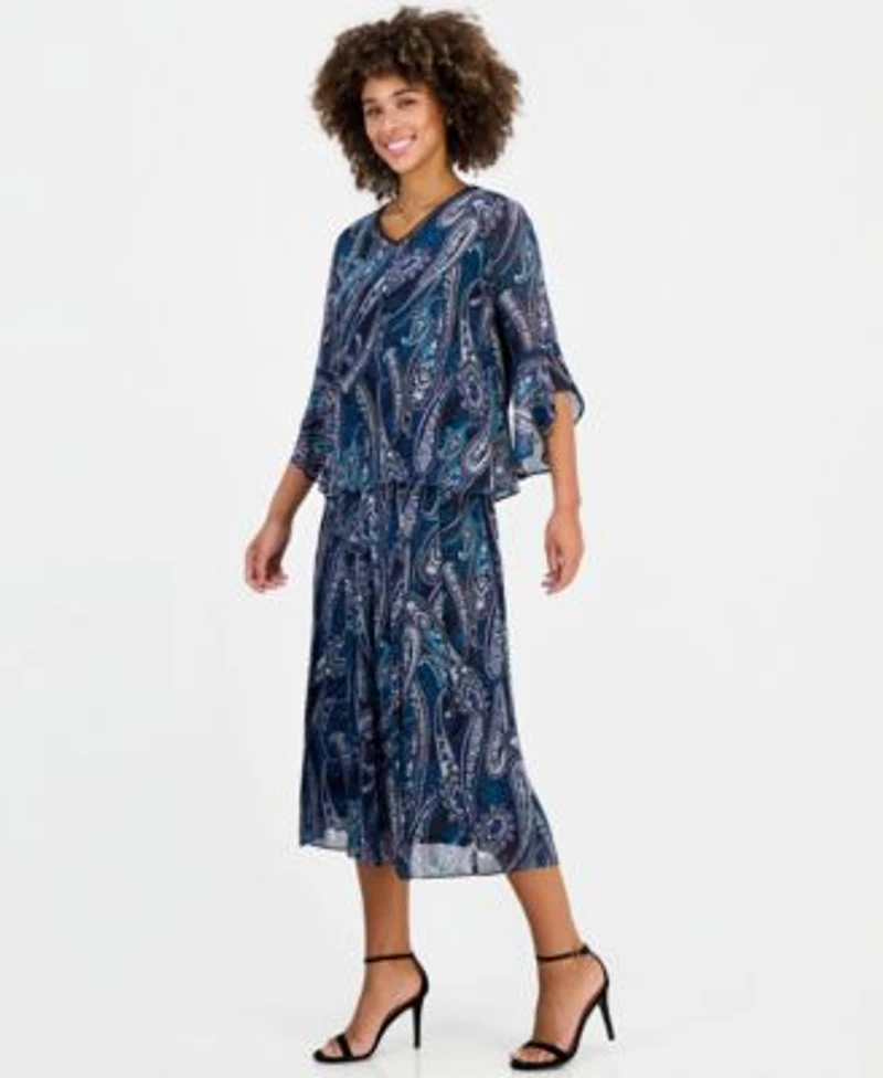 Kasper Womens Printed V Neck Ruffle Sleeve Blouse Pleated Pull On Midi Skirt