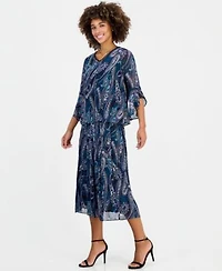 Kasper Womens Printed V Neck Ruffle Sleeve Blouse Pleated Pull On Midi Skirt