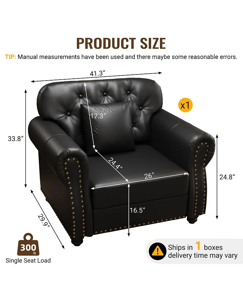 Maison Boucle 41.3'' Faux Leather Sofa Chair, Tufted Nailhead, Solid Wood