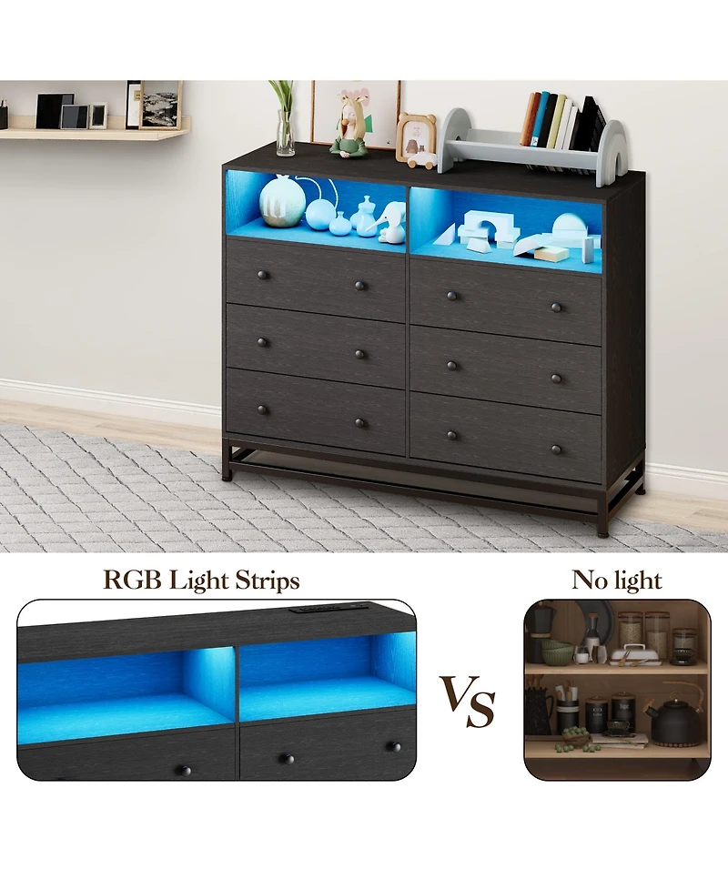 homfan 6-Drawer Storage Dresser with App Control Led Lights, Multi-Port Charging Station, Waterproof Engineered Wood Chest Easy Assembly