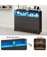 homfan 6-Drawer Storage Dresser with App Control Led Lights, Multi-Port Charging Station, Waterproof Engineered Wood Chest Easy Assembly
