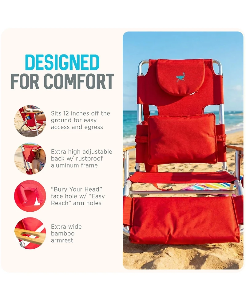 Ostrich The Deluxe 3N1 Lightweight Outdoor Beach Lounge Chair w/ Footrest, Red