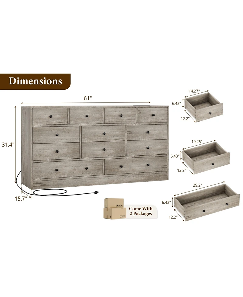 homfan 12 Drawer Dresser with Power Outlets and Usb Ports for Bedroom, Living Room, Hallway