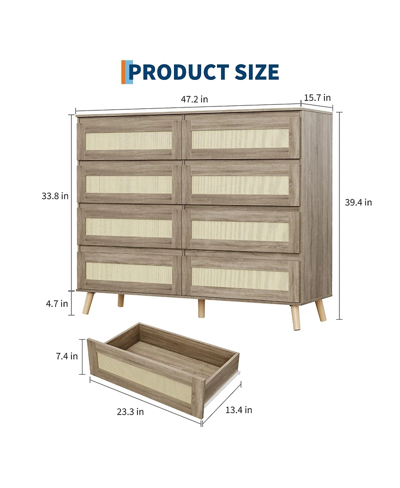 homfan Rattan Dresser with 8 Drawers and Wood Legs for Bedroom, Living Room, Hallway, Entryway