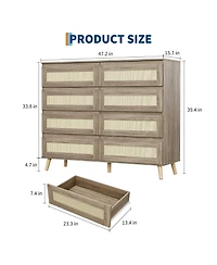 homfan Rattan Dresser with 8 Drawers and Wood Legs for Bedroom, Living Room, Hallway, Entryway