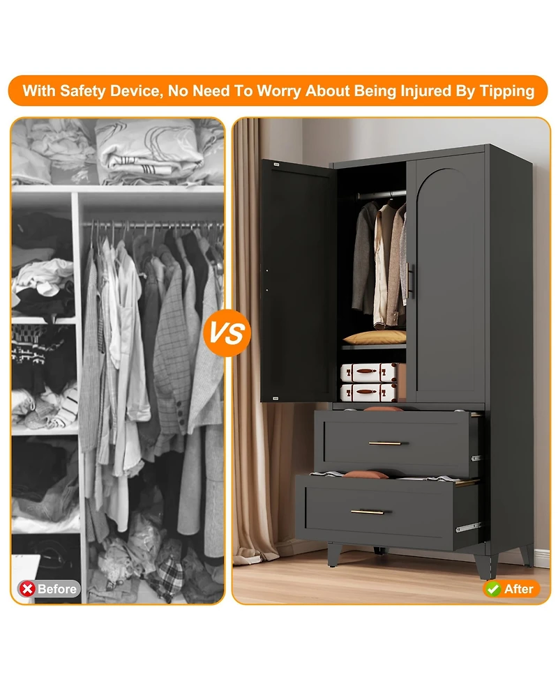 71" Tall Metal Storage Cabinet with 2 Drawer and Hanging Rod Wardrobe 2 Doors Wardrobe Closet with Shelf