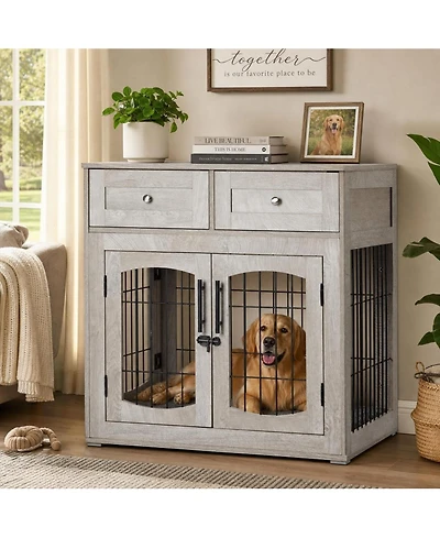 homfan og Crate Furniture with 2 Drawers and 3 Doors, Indoor Kennel End Table for Medium and Large Dogs, Rustic Modern Style