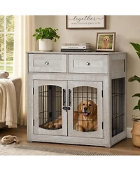 homfan og Crate Furniture with 2 Drawers and 3 Doors, Indoor Kennel End Table for Medium and Large Dogs, Rustic Modern Style