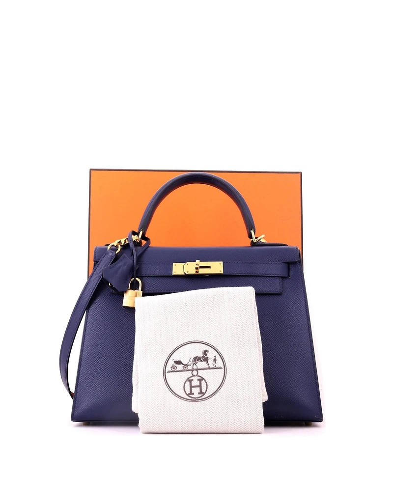 Pre-Owned HERMES Kelly 28 Handbag Blue Epsom with Gold Hardware