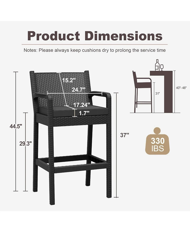 gaomon Set of 4 Wicker Bar Stools, 30 Inch Outdoor Counter Height with Thickened Cushions, Backrest and Footrest