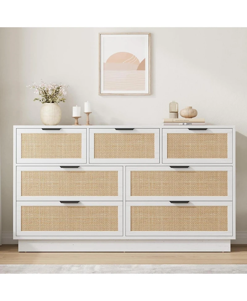 gaomon Farmhouse Rattan Tv Stand for Living Room, Entertainment Center with 7 Storage Drawer and Metal Handle
