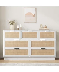 gaomon Farmhouse Rattan Tv Stand for Living Room, Entertainment Center with 7 Storage Drawer and Metal Handle