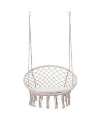 Sugift Macrame Hanging Swing Chair Hammock with Round Cushion and Foldable Frame