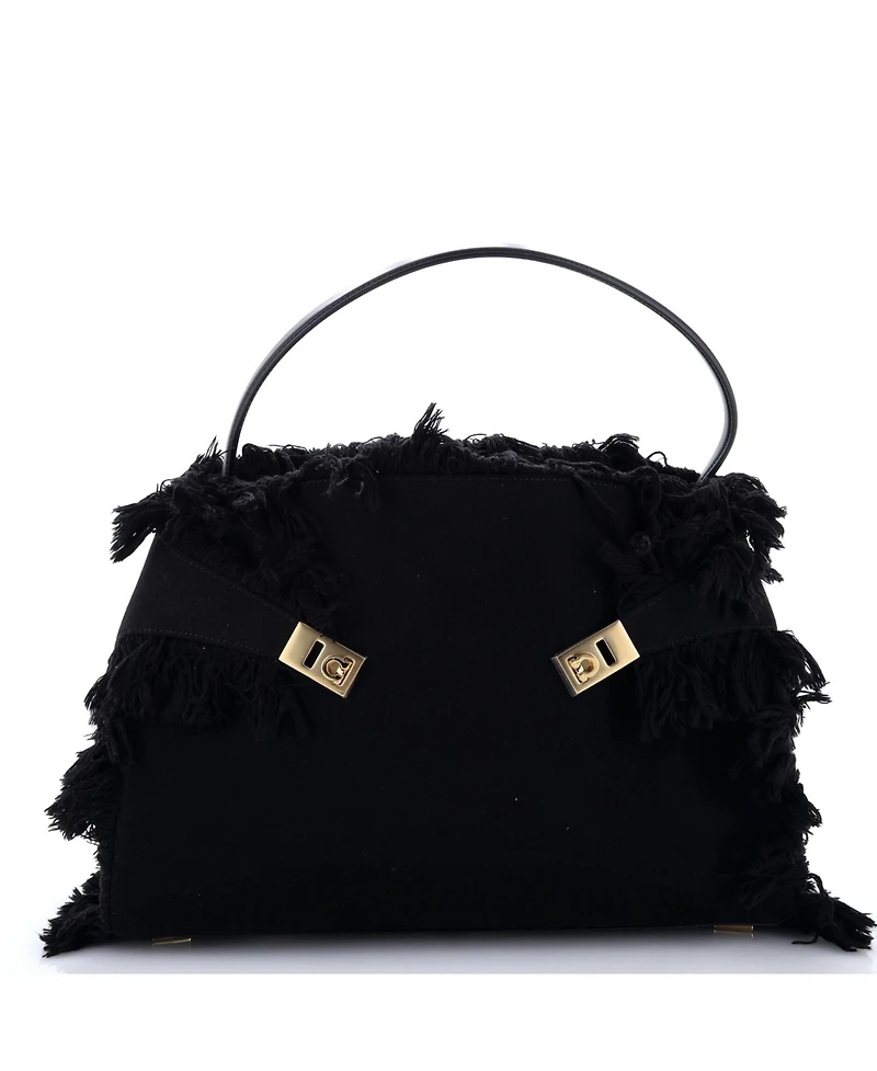 Pre-Owned Salvatore Ferragamo Large Hug Shoulder Bag Fringed Canvas and Leather
