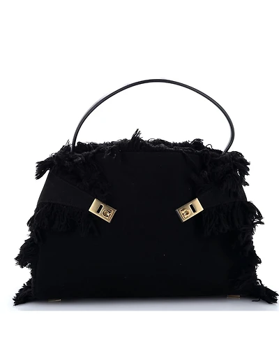 Pre-Owned Salvatore Ferragamo Large Hug Shoulder Bag Fringed Canvas and Leather