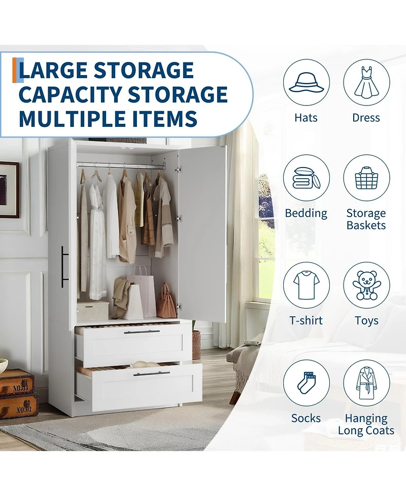 homfan Wooden Wardrobe Armoire with Drawers and Hanging Rod, Adjustable Shelf, Modern Closet Storage Cabinet for Bedroom, Dorm, Apartment