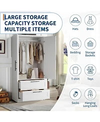 homfan Wooden Wardrobe Armoire with Drawers and Hanging Rod, Adjustable Shelf, Modern Closet Storage Cabinet for Bedroom, Dorm, Apartment