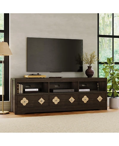homfan Farmhouse 70" TV Stand for Tvs Up to 85" – Mid Century Entertainment Center with Carved Drawer and Open Shelves, Console Living Room