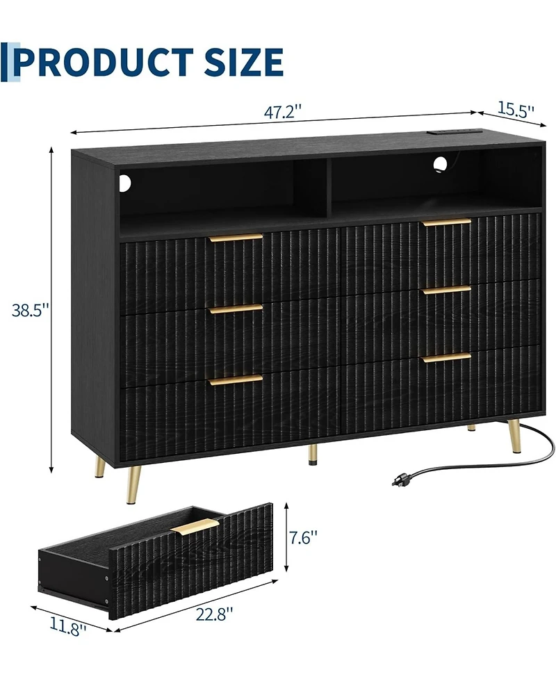 gaomon 6 Drawers Dresser for Bedroom, 47.2" Wide Dressers with Led Lights and Charging Station, Curved Profile Design, Fluted Wood Handle