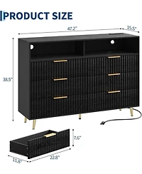 gaomon 6 Drawers Dresser for Bedroom, 47.2" Wide Dressers with Led Lights and Charging Station, Curved Profile Design, Fluted Wood Handle