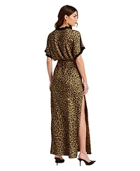 Modenaire Women's Leopard Print Lace-Trim Plunging V-Neck Maxi Dress