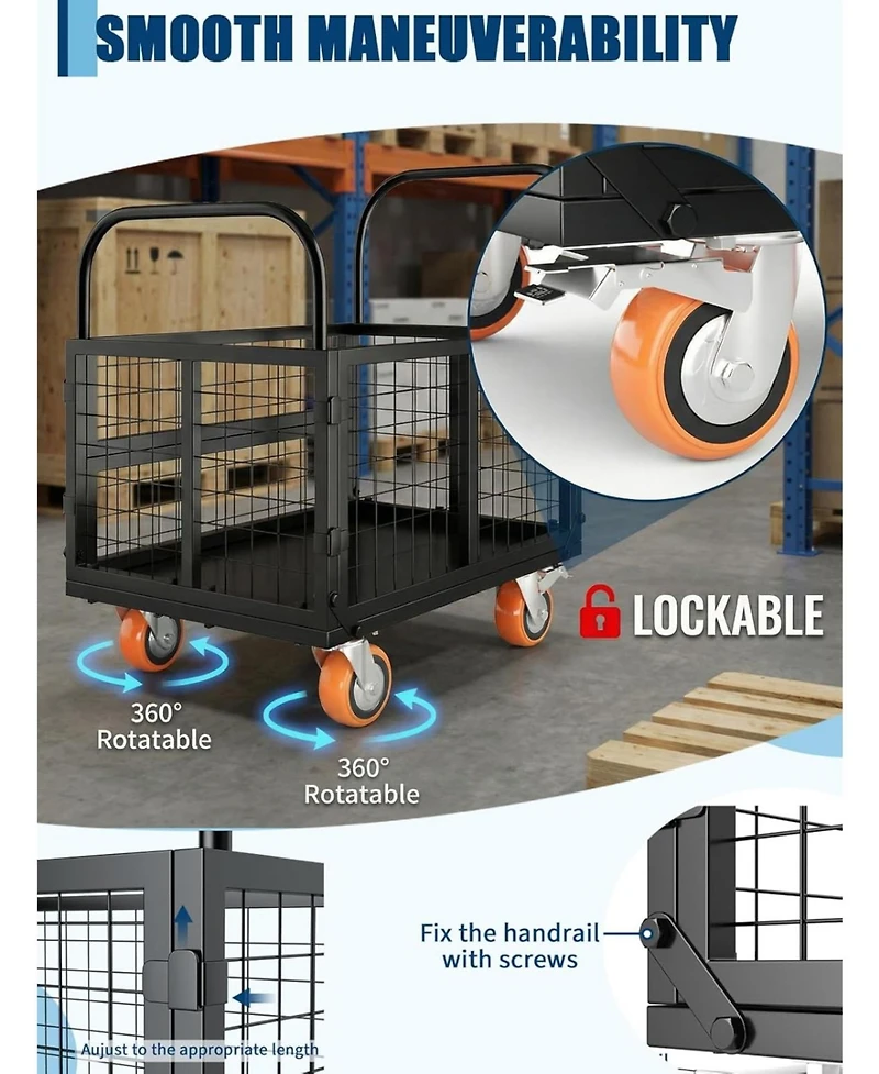 gaomon Platform Truck Cart with Cage 6-in-1 Foldable Hand Truck Heavy-Duty Dolly with 4 Wheels for Grocery Laundry and Warehouse
