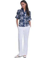 Karl Lagerfeld Paris Women's Velvet Embroidery Button-Front Blouse