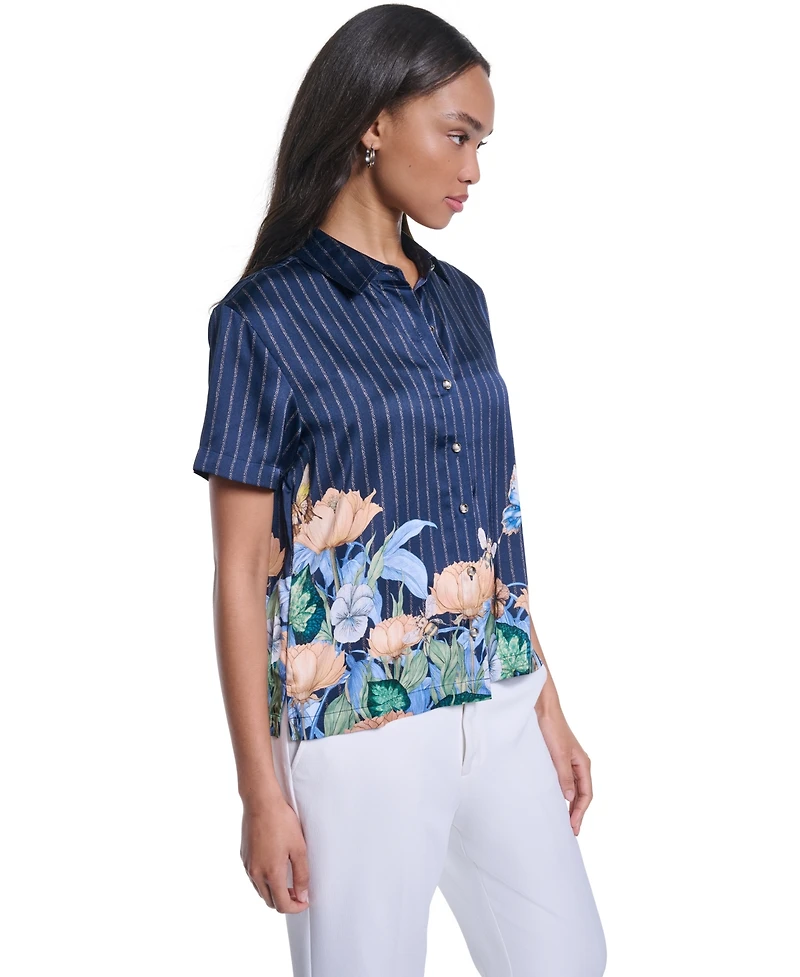 Karl Lagerfeld Paris Women's Striped Floral Printed Button-Up Blouse