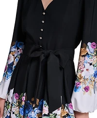 Karl Lagerfeld Paris Women's Floral Long-Sleeve Self-Tie Button-Front Dress