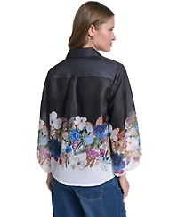 Karl Lagerfeld Paris Women's Printed Organza Puff-Sleeve Blouse
