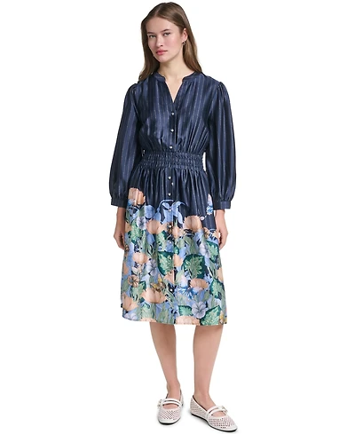 Karl Lagerfeld Paris Women's Striped Floral 3/4-Sleeve Button-Front Dress