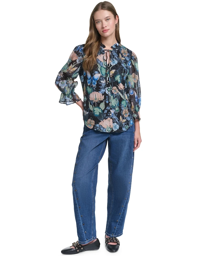 Karl Lagerfeld Paris Women's Ruffle Collar Printed Chiffon Button-Up Blouse