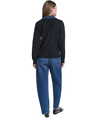 Karl Lagerfeld Paris Women's Denim Collar V-Neck Sweater