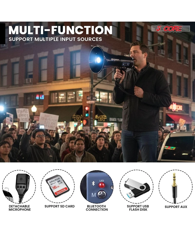 5core Megaphone Bullhorn 50W Speaker Bluetooth Siren Adjustable Volume Loud Portable Pa System